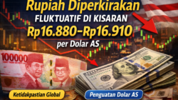 Rupiah Diperkirakan Bergerak Fluktuatif di Kisaran Rp16.880–Rp16.910 per Dolar AS