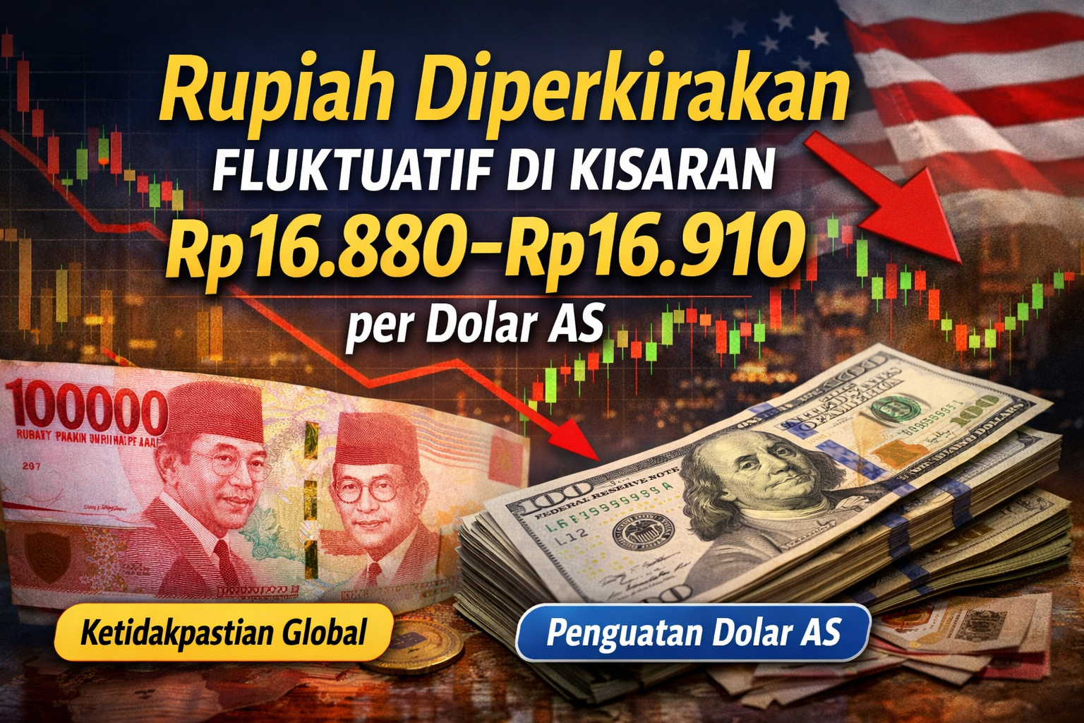 Rupiah Diperkirakan Bergerak Fluktuatif di Kisaran Rp16.880–Rp16.910 per Dolar AS