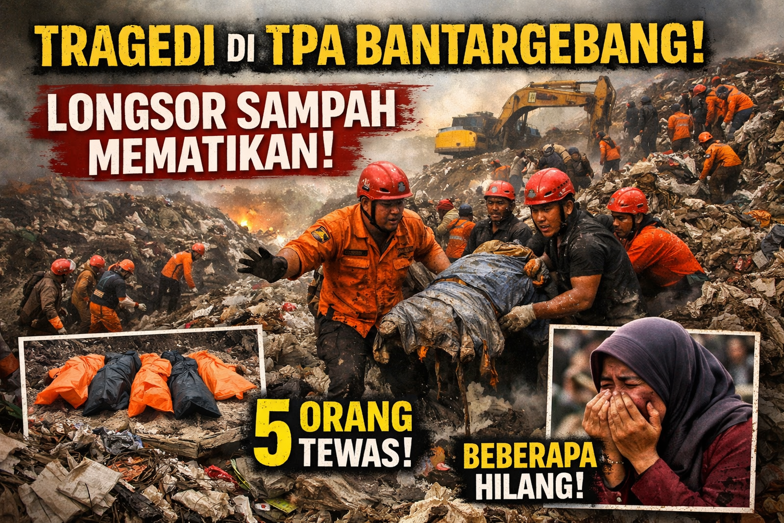 Reruntuhan Sampah di TPA Bantargebang Dekat Jakarta Menewaskan Sedikitnya 5 Orang dan Beberapa Lainnya Hilang Akibat Longsor Besar